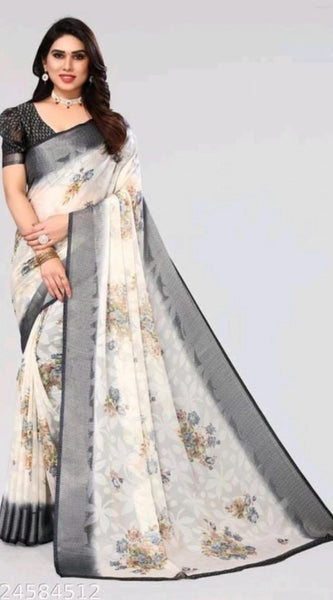 Mayawye Women's Viscose Rayon Printed Saree With Unstitched Blouse (Black)