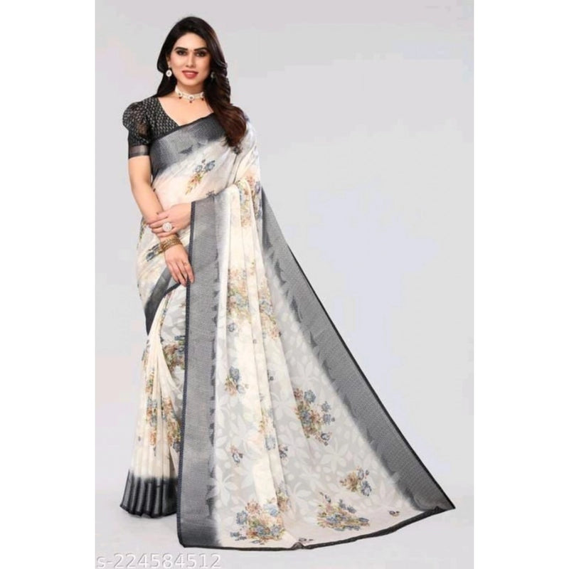 Mayawye Women's Viscose Rayon Printed Saree With Unstitched Blouse (Black)