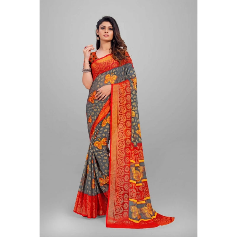 Mayawye Women's Viscose Rayon Printed Saree With Unstitched Blouse (Grey)