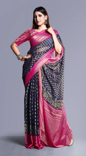Mayawye Women's Viscose Rayon Printed Saree With Unstitched Blouse (Navy Blue)