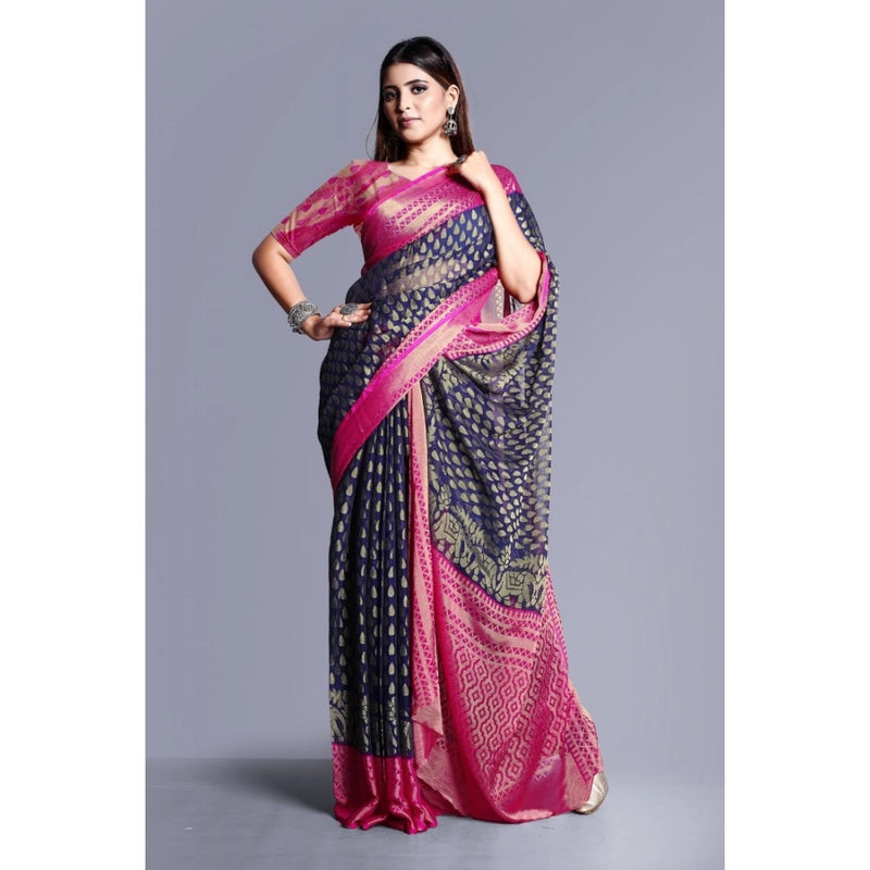 Mayawye Women's Viscose Rayon Printed Saree With Unstitched Blouse (Navy Blue)