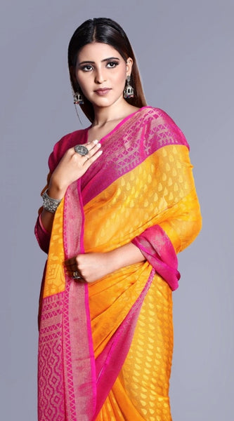 Mayawye Women's Viscose Rayon Printed Saree With Unstitched Blouse (Yellow)