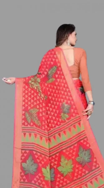 Mayawye Women's Viscose Rayon Printed Saree With Unstitched Blouse (Red)