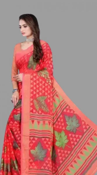Mayawye Women's Viscose Rayon Printed Saree With Unstitched Blouse (Red)