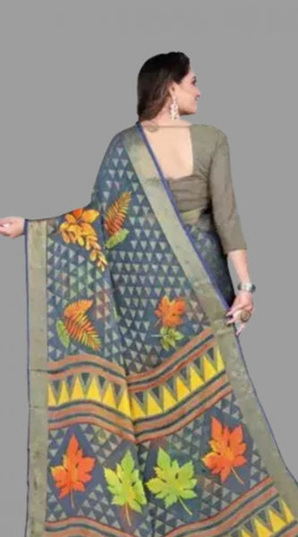 Mayawye Women's Viscose Rayon Printed Saree With Unstitched Blouse (Grey)