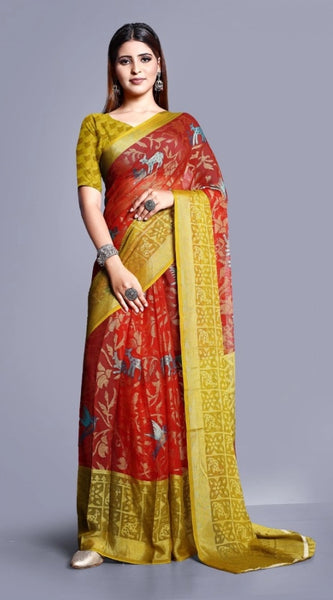 Mayawye Women's Viscose Rayon Printed Saree With Unstitched Blouse (Red)
