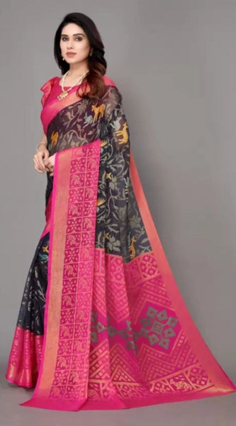 Mayawye Women's Viscose Rayon Printed Saree With Unstitched Blouse (Navy Blue)