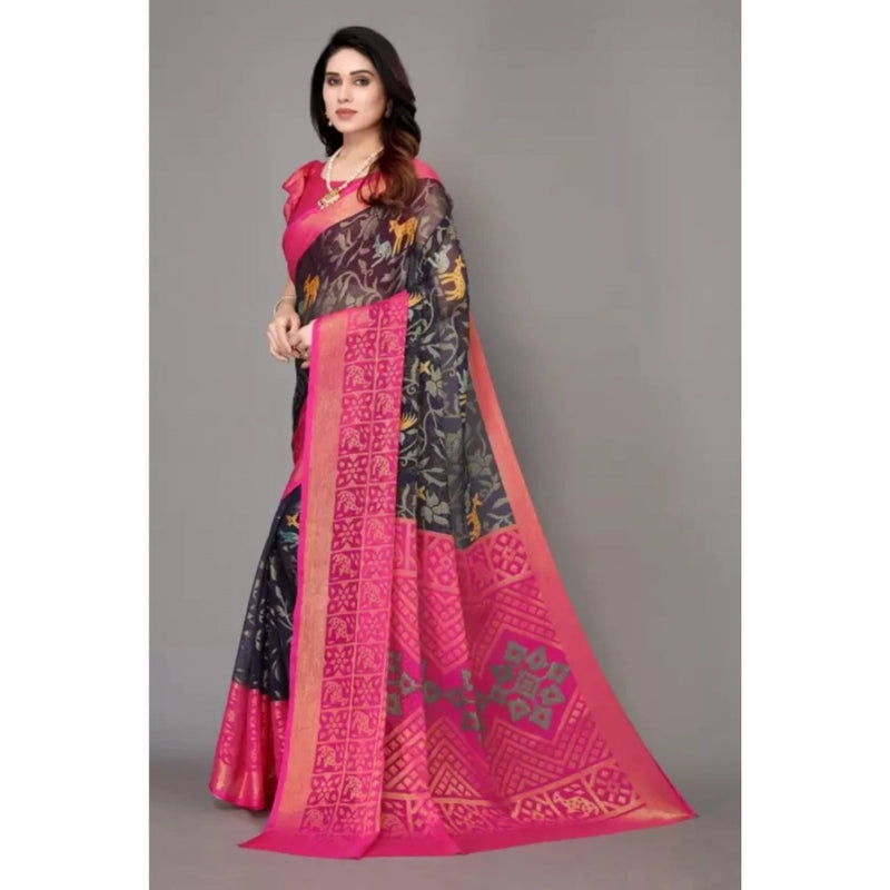 Mayawye Women's Viscose Rayon Printed Saree With Unstitched Blouse (Navy Blue)