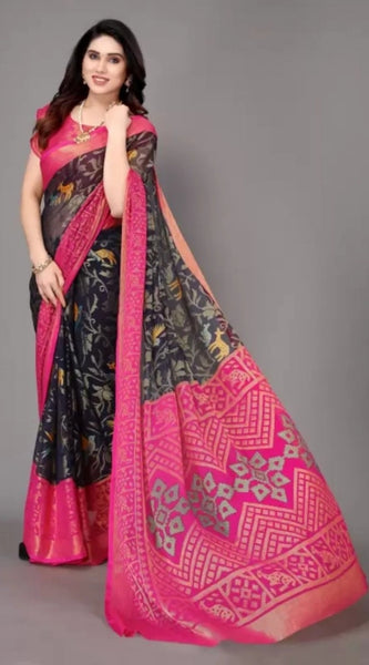 Mayawye Women's Viscose Rayon Printed Saree With Unstitched Blouse (Navy Blue)
