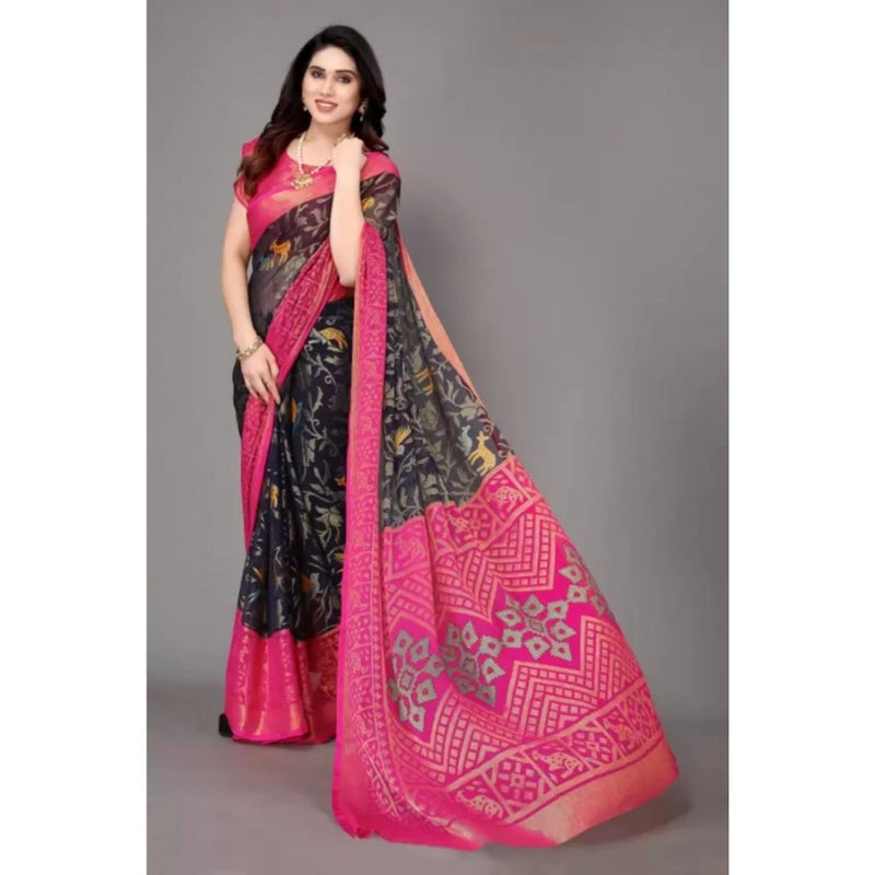 Mayawye Women's Viscose Rayon Printed Saree With Unstitched Blouse (Navy Blue)