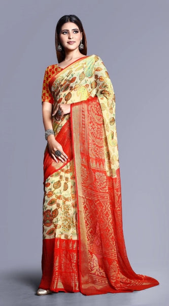 Mayawye Women's Viscose Rayon Printed Saree With Unstitched Blouse (Red)