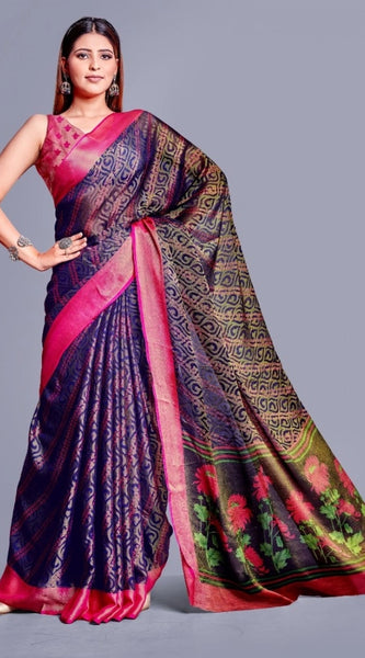 Mayawye Women's Viscose Rayon Printed Saree With Unstitched Blouse (Navy Blue)