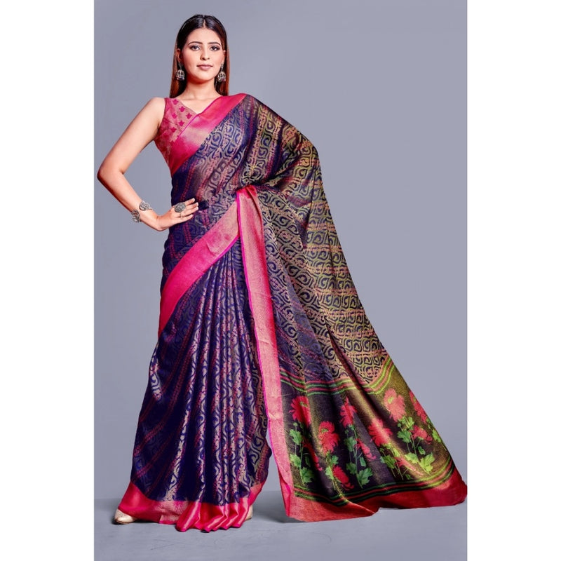 Mayawye Women's Viscose Rayon Printed Saree With Unstitched Blouse (Navy Blue)