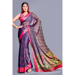 Mayawye Women's Viscose Rayon Printed Saree With Unstitched Blouse (Navy Blue)