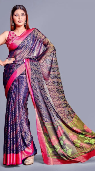 Mayawye Women's Viscose Rayon Printed Saree With Unstitched Blouse (Navy Blue)