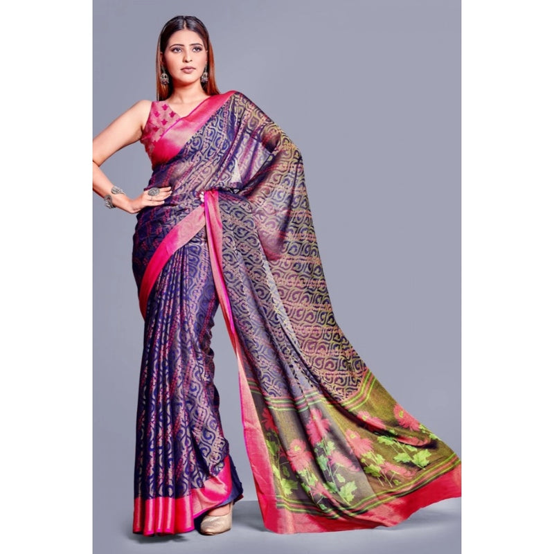 Mayawye Women's Viscose Rayon Printed Saree With Unstitched Blouse (Navy Blue)