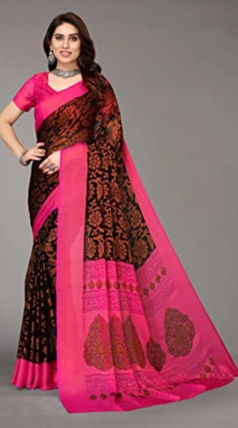 Mayawye Women's Viscose Rayon Printed Saree With Unstitched Blouse (Black)