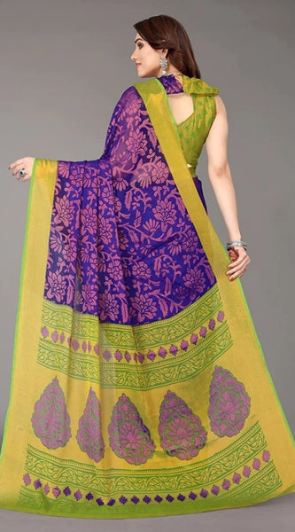 Mayawye Women's Viscose Rayon Printed Saree With Unstitched Blouse (Blue)