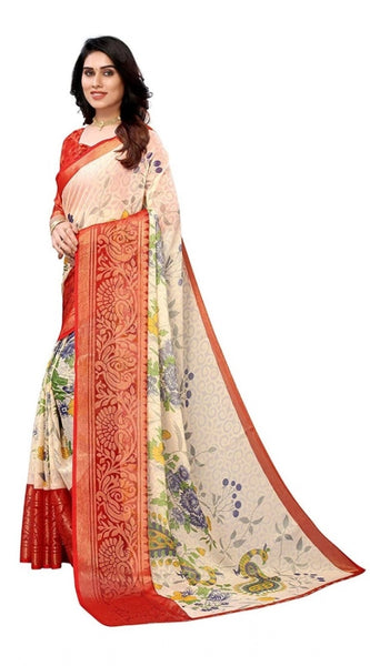 Mayawye Women's Viscose Rayon Printed Saree With Unstitched Blouse (Red)