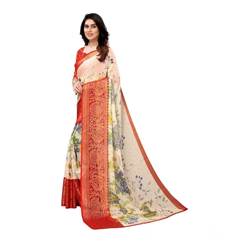Mayawye Women's Viscose Rayon Printed Saree With Unstitched Blouse (Red)
