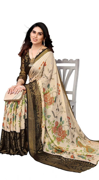 Mayawye Women's Viscose Rayon Printed Saree With Unstitched Blouse (Black)