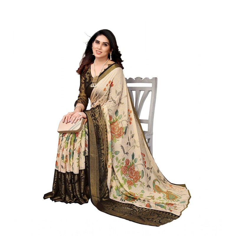 Mayawye Women's Viscose Rayon Printed Saree With Unstitched Blouse (Black)