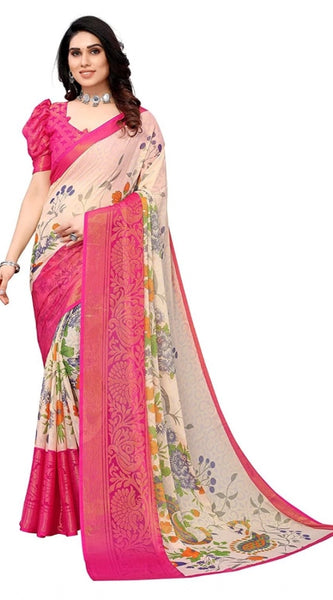 Mayawye Women's Viscose Rayon Printed Saree With Unstitched Blouse (Pink)