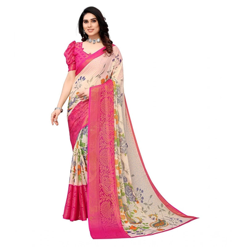Mayawye Women's Viscose Rayon Printed Saree With Unstitched Blouse (Pink)