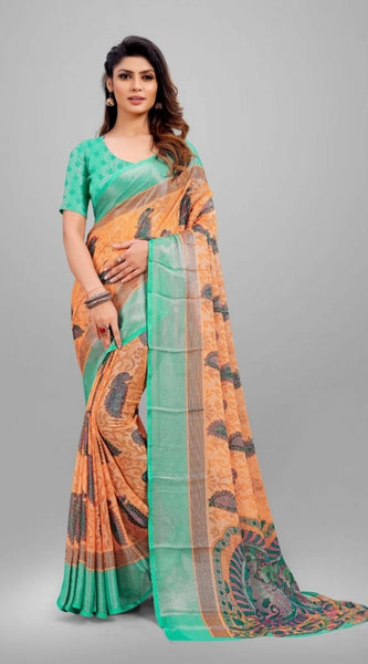 Mayawye Women's Viscose Rayon Printed Saree With Unstitched Blouse (Orange)