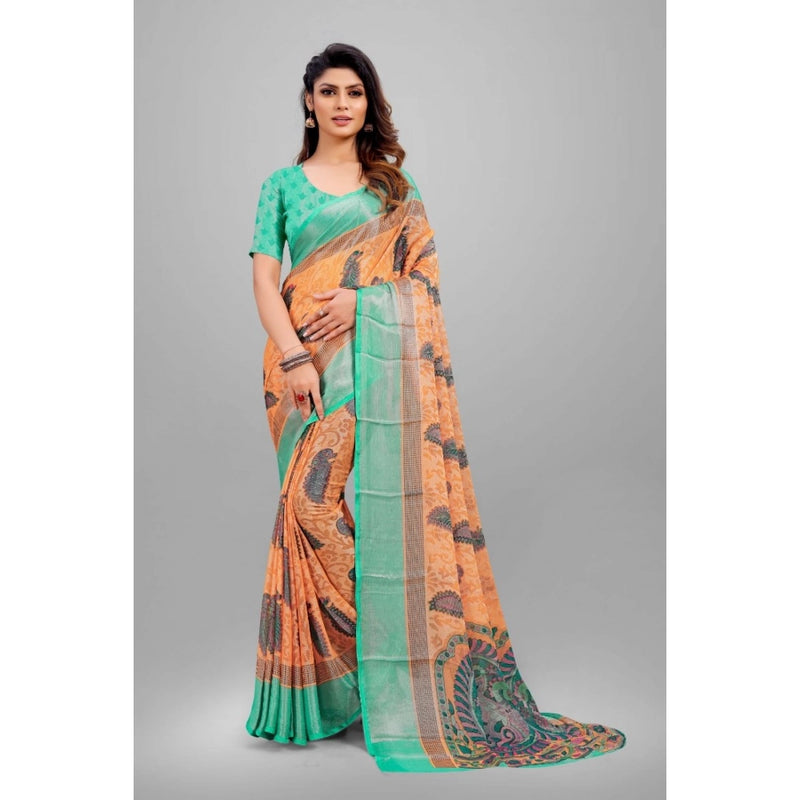 Mayawye Women's Viscose Rayon Printed Saree With Unstitched Blouse (Orange)
