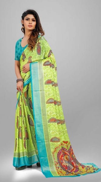 Mayawye Women's Viscose Rayon Printed Saree With Unstitched Blouse (Mehendi)