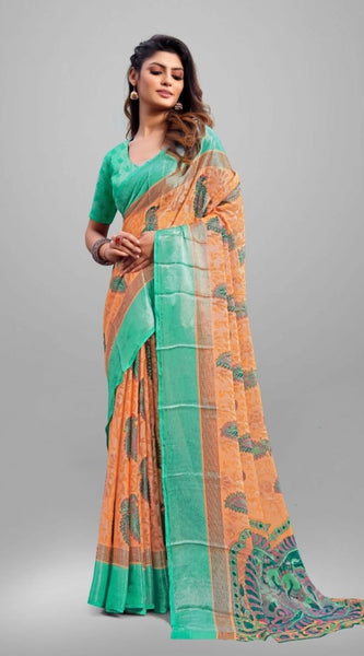 Mayawye Women's Viscose Rayon Printed Saree With Unstitched Blouse (Orange)