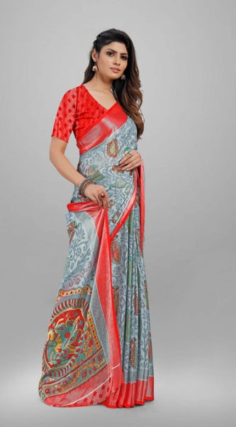 Mayawye Women's Viscose Rayon Printed Saree With Unstitched Blouse (Grey)
