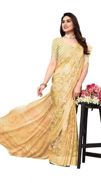 Mayawye Women's Viscose Rayon Printed Saree With Unstitched Blouse (Yellow)