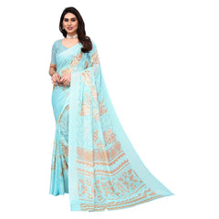 Mayawye Women's Viscose Rayon Printed Saree With Unstitched Blouse (Sky Blue)