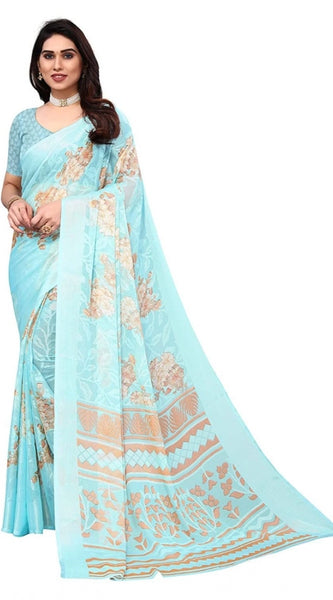 Mayawye Women's Viscose Rayon Printed Saree With Unstitched Blouse (Sky Blue)