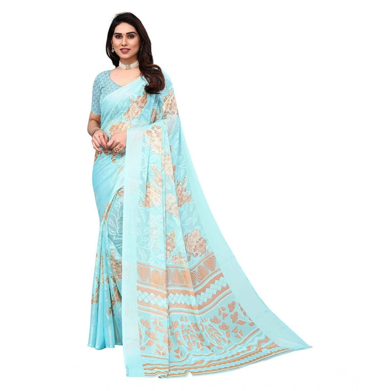 Mayawye Women's Viscose Rayon Printed Saree With Unstitched Blouse (Sky Blue)
