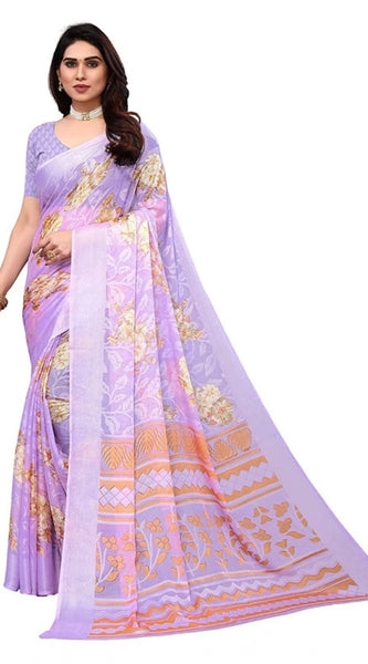 Mayawye Women's Viscose Rayon Printed Saree With Unstitched Blouse (Purple)