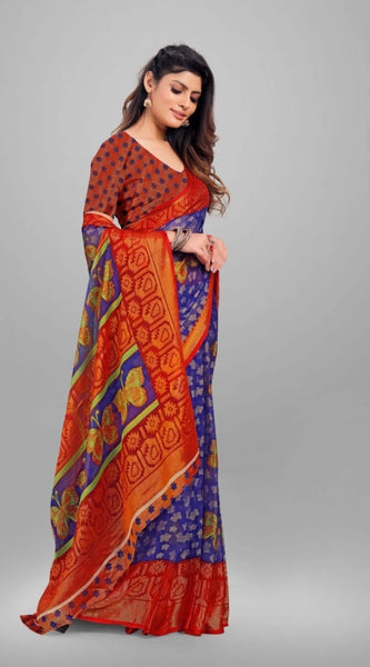 Mayawye Women's Viscose Rayon Printed Saree With Unstitched Blouse (Blue)