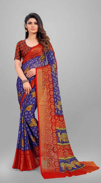 Mayawye Women's Viscose Rayon Printed Saree With Unstitched Blouse (Blue)