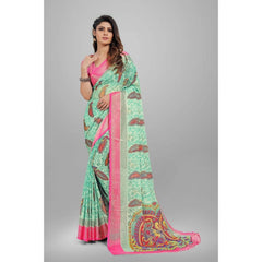 Mayawye Women's Viscose Rayon Printed Saree With Unstitched Blouse (Teal)