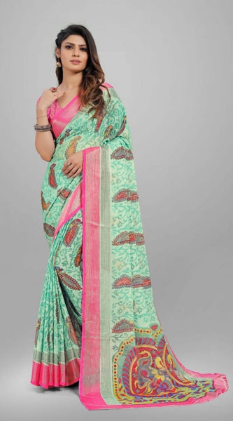 Mayawye Women's Viscose Rayon Printed Saree With Unstitched Blouse (Teal)