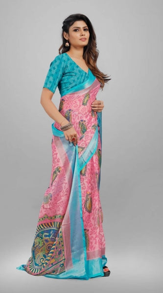 Mayawye Women's Viscose Rayon Printed Saree With Unstitched Blouse (Pink)