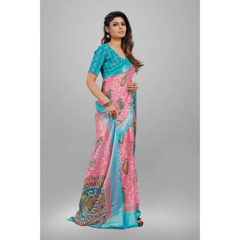 Mayawye Women's Viscose Rayon Printed Saree With Unstitched Blouse (Pink)