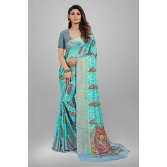 Mayawye Women's Viscose Rayon Printed Saree With Unstitched Blouse (Sky Blue)