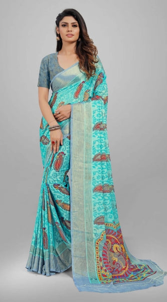 Mayawye Women's Viscose Rayon Printed Saree With Unstitched Blouse (Sky Blue)