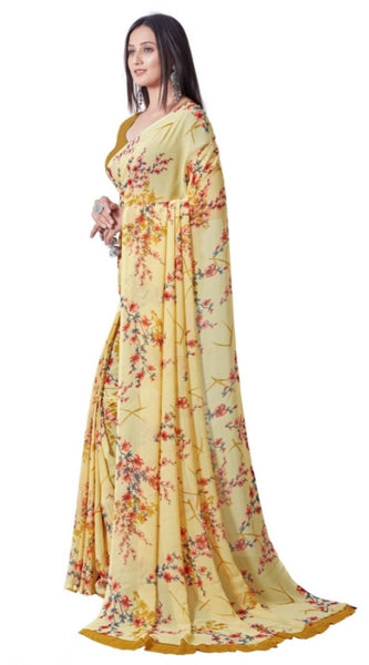 Mayawye Women's Georgette Printed Saree With Unstitched Blouse (Yellow)