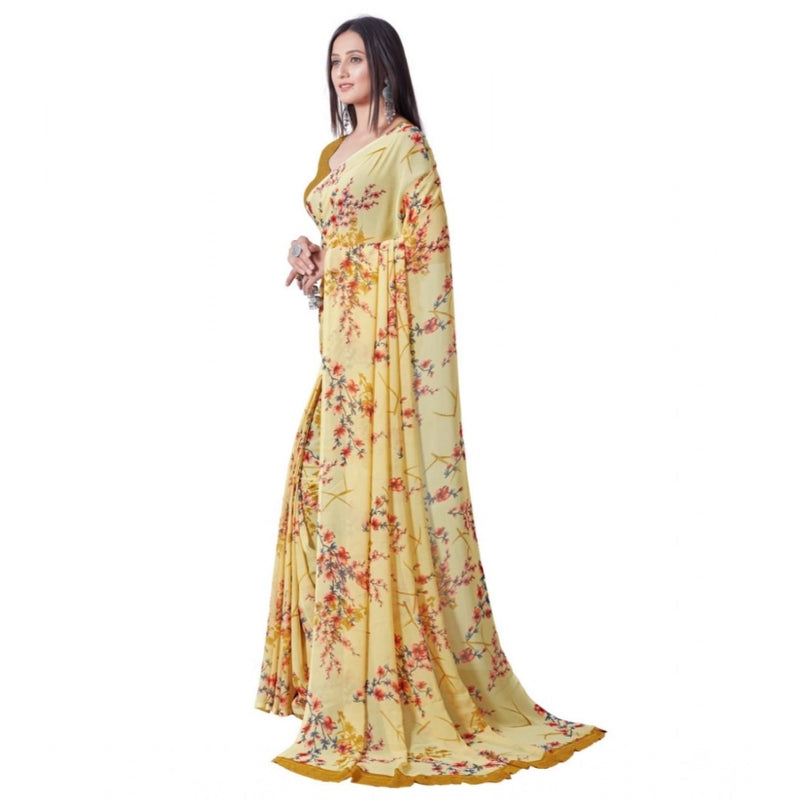 Mayawye Women's Georgette Printed Saree With Unstitched Blouse (Yellow)