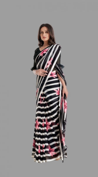 Mayawye Women's Georgette Printed Saree With Unstitched Blouse (Black)