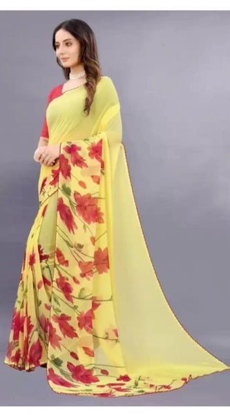 Mayawye Women's Georgette Printed Saree With Unstitched Blouse (Yellow)